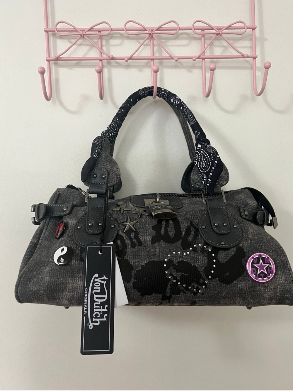 NWT Von Dutch Gray Denim Studded Satchel Bag Y2K Padlock Purse